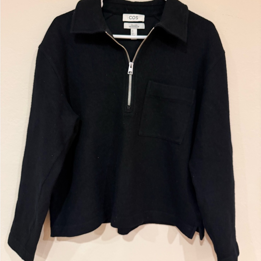 Boiled Wool Quarter Zip Black Sweater | COS | Sz Medium Women's